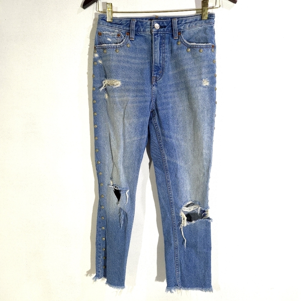 Abercrombie | Distressed Blue Jeans with Studded Detail High Rise Girlfriend